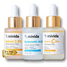 Cargar imagen en el visor de la galería, MIVIDA Trío Suéros Faciales | Vit C 20% + Ác. Hialurónico + Retinol 2.5% | 3x1 fl oz | Ilumina + Reafirma + Hidrata