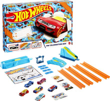 Cargar imagen en el visor de la galería, Hot Wheels Toy Cars & Track Set, HW Celebration Box de 6 vehiculos a escala 1:64, pista, conectores, lanzador de 4 velocidades, rampas, pagina de actividades y pegatinas