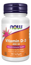 Cargar imagen en el visor de la galería, NOW Vitamina D-3 400 UI | Soporte Óseo + Sistema Inmune | Sin OGM | 180 Cápsulas Blandas