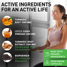 Cargar imagen en el visor de la galería, Cúrcuma Orgánica USDA + Jengibre + Vinagre Sidra Manzana | 120 Cápsulas | 1410mg | Curcumina 95% + Bioperina
