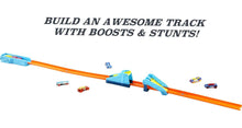 Cargar imagen en el visor de la galería, Hot Wheels Toy Cars &amp; Track Set, HW Celebration Box de 6 vehiculos a escala 1:64, pista, conectores, lanzador de 4 velocidades, rampas, pagina de actividades y pegatinas
