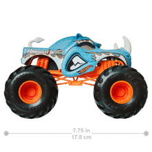 Cargar imagen en el visor de la galería, Hot Wheels Toy Monster Trucks Rinomita de gran tamaño, escala 1:24 fundido a presion, azul, naranja, blanco
