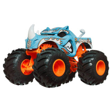 Cargar imagen en el visor de la galería, Hot Wheels Toy Monster Trucks Rinomita de gran tamaño, escala 1:24 fundido a presion, azul, naranja, blanco
