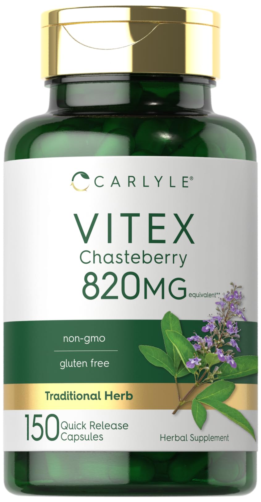 Suplemento de sauzgatillo Carlyle Vitex | 820mg | 150 Capsulas | Vitex Agnus-Castus Fruta para Mujer | Sin OGM, sin gluten