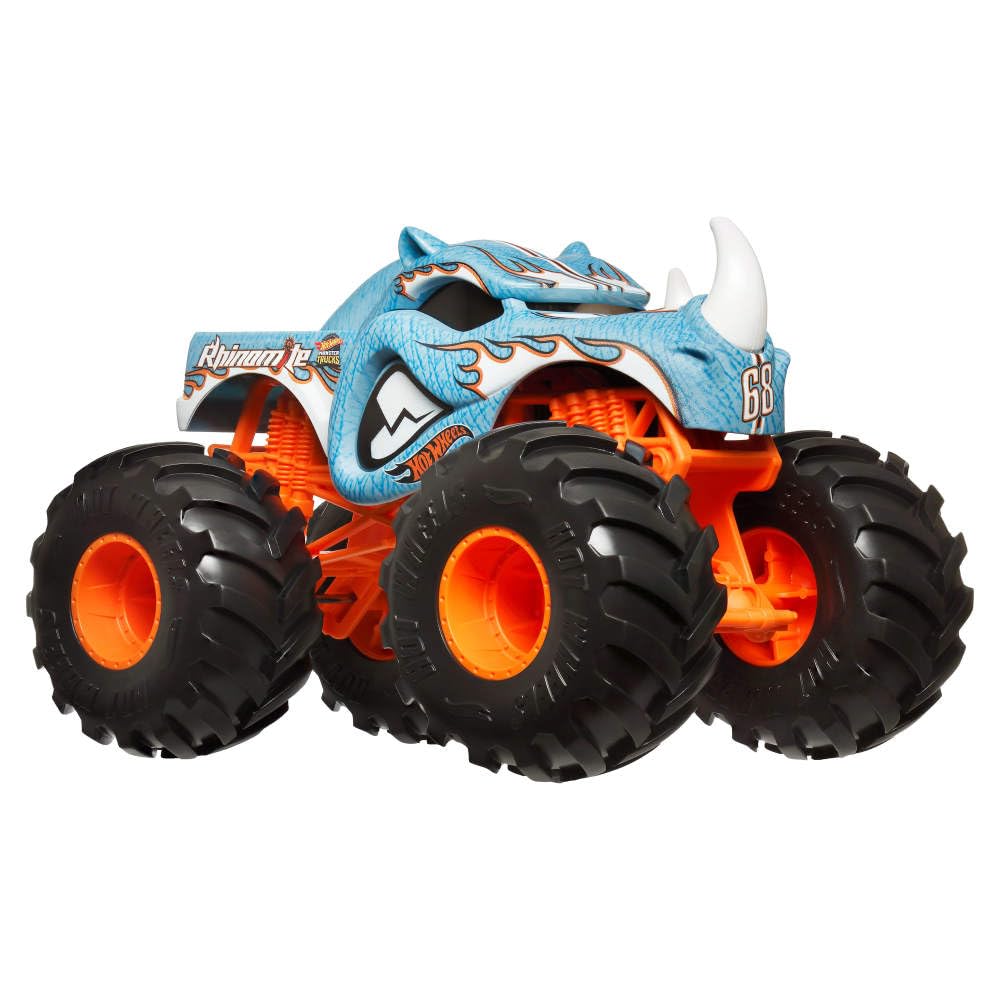 Hot Wheels Toy Monster Trucks Rinomita de gran tamaño, escala 1:24 fundido a presion, azul, naranja, blanco