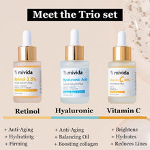 Cargar imagen en el visor de la galería, MIVIDA Trío Suéros Faciales | Vit C 20% + Ác. Hialurónico + Retinol 2.5% | 3x1 fl oz | Ilumina + Reafirma + Hidrata
