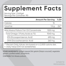 Cargar imagen en el visor de la galería, Omega-3 Triple Concentración 1250 mg | 90 Cápsulas | Aceite de Pescado de Alaska | Sports Research

