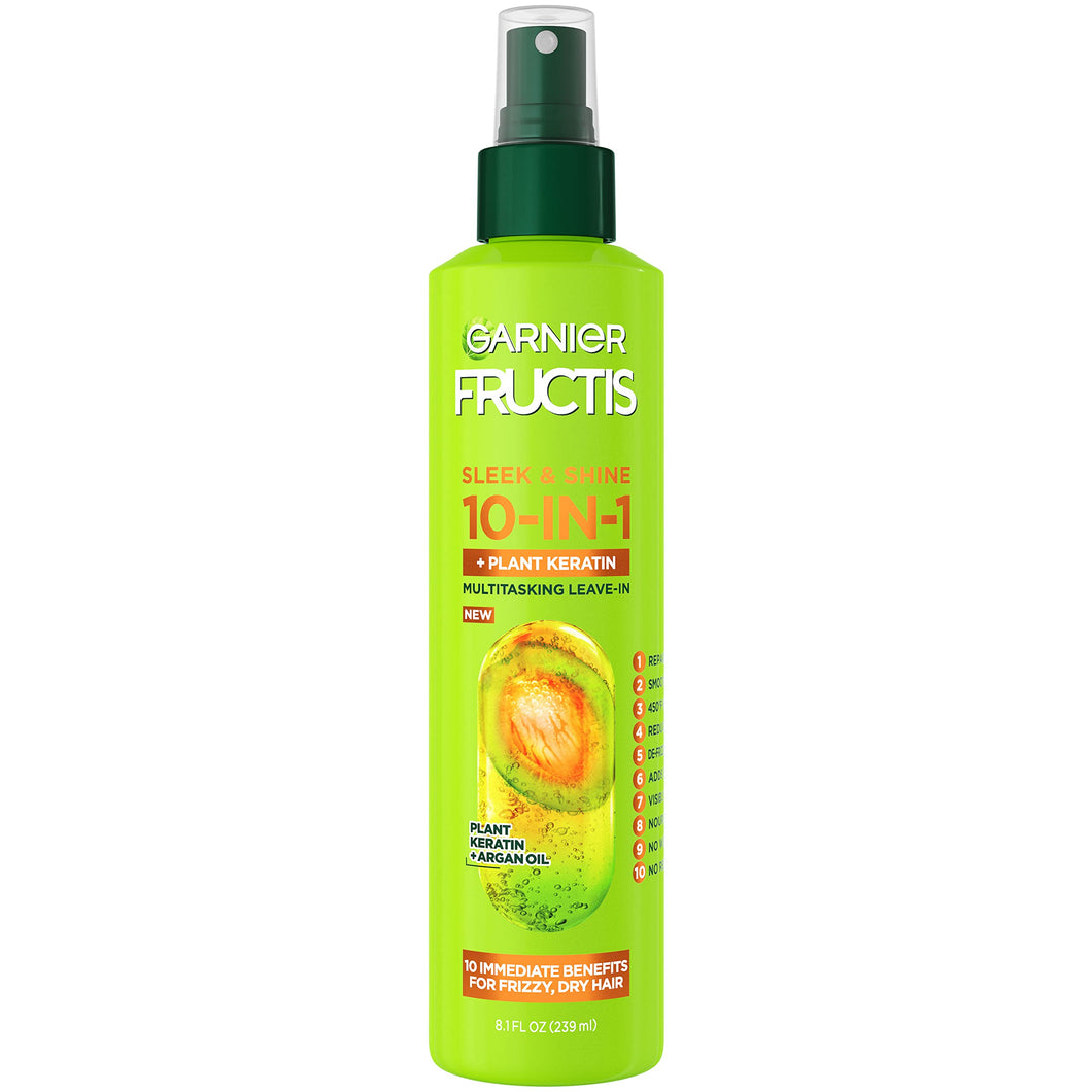 Garnier Fructis Sleek and Shine 10-in-1 Hair Care and Heat Protectant Spray para ayudar a suavizar, proteger y fortalecer el cabello encrespado y seco, 8.1 fl oz