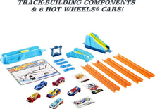Cargar imagen en el visor de la galería, Hot Wheels Toy Cars &amp; Track Set, HW Celebration Box de 6 vehiculos a escala 1:64, pista, conectores, lanzador de 4 velocidades, rampas, pagina de actividades y pegatinas
