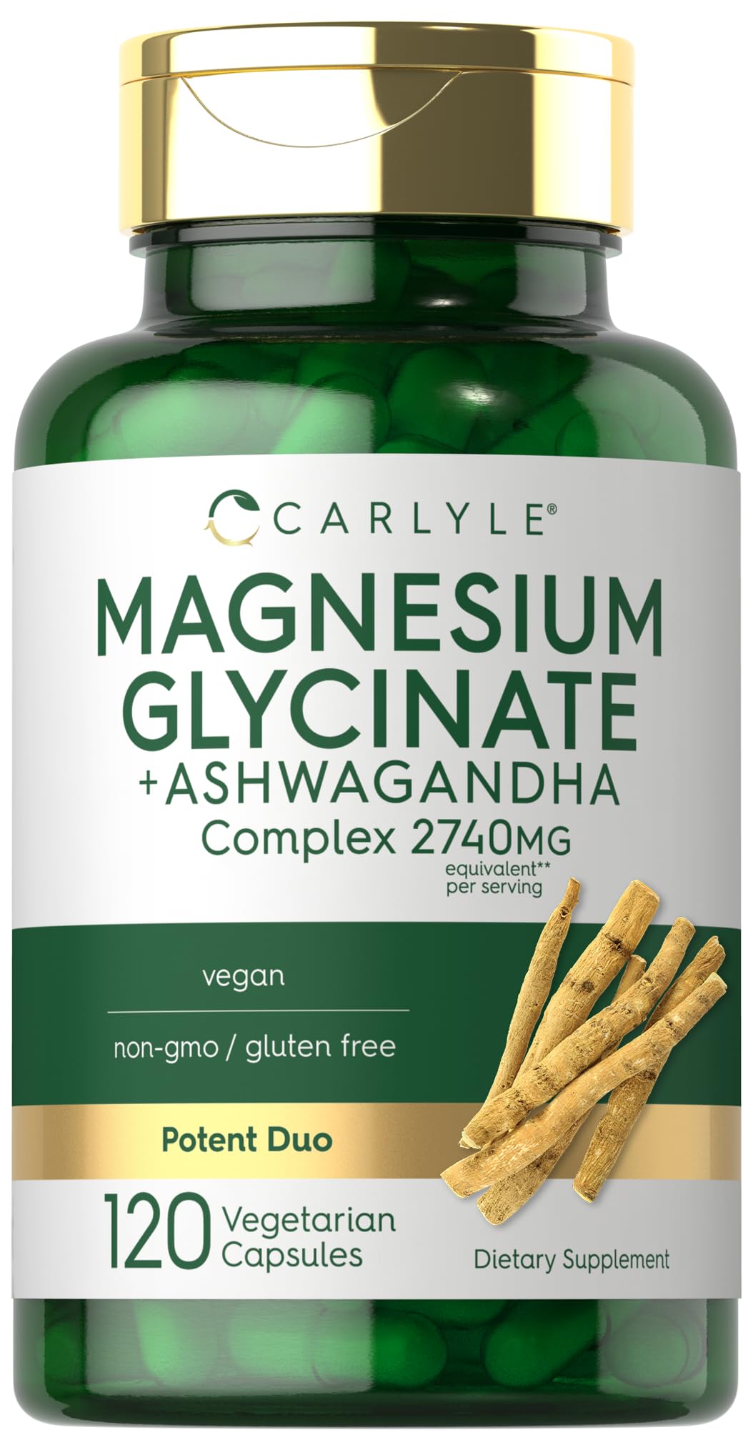 Glicinato de magnesio con ashwagandha | Complejo de 2,740 mg | 120 Capsulas Vegetales | Duo potente | Suplemento vegetariano, sin OGM y sin gluten | por Carlyle