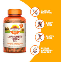 Cargar imagen en el visor de la galería, Sundown Saw Palmetto (Palma Enana) 900mg 250 Cápsulas | Salud Próstata + Función Urinaria | Sin OGM Sin Gluten | Hombres
