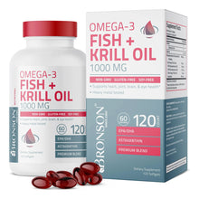 Cargar imagen en el visor de la galería, Bronson Omega-3 Fish + Krill Oil 1000mg | 120 Cápsulas | EPA + DHA + Astaxantina | Cerebro Articulaciones Ojos | Sin OGM
