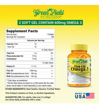 Cargar imagen en el visor de la galería, Greenfield Nutritions Aceite de Pescado Halal 1000mg | 300 Cápsulas | Omega-3 EPA 180mg + DHA 120mg | Certificado Halal | Sin OGM Sin Gluten
