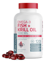 Cargar imagen en el visor de la galería, Bronson Omega-3 Fish + Krill Oil 1000mg | 120 Cápsulas | EPA + DHA + Astaxantina | Cerebro Articulaciones Ojos | Sin OGM
