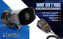Cargar imagen en el visor de la galería, Bocina Sirena de Coche 7 Tonos con Micrófono | 12V 100W | Alarma Emergencia y Sistema PA
